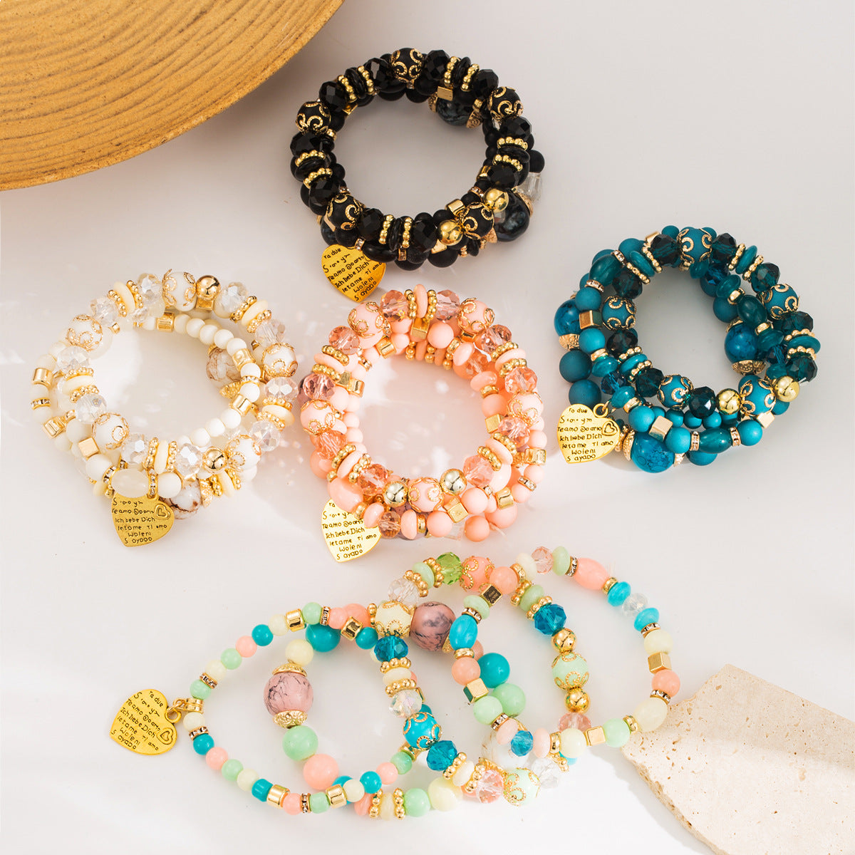 Bohemian Style Heart-Shaped Alloy Beaded Stretch Bracelet with Plated Finish