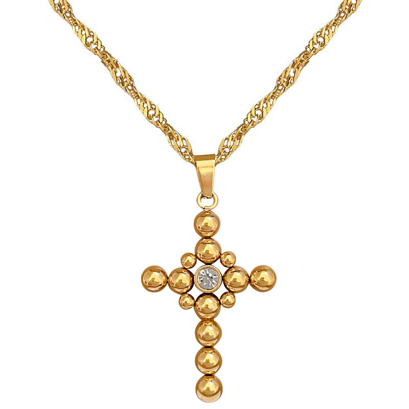 Collana Pendente a Croce con Catena a Sfera Minimalista in Acciaio al Titanio con Dettaglio Floreale Placcato Oro