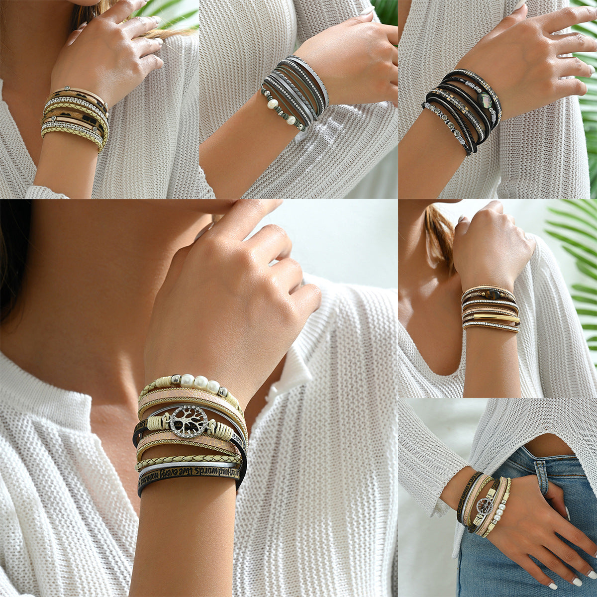 Minimalist Geometric Leather Bracelet for Women with Diamond Inlay and Oval Ring Design