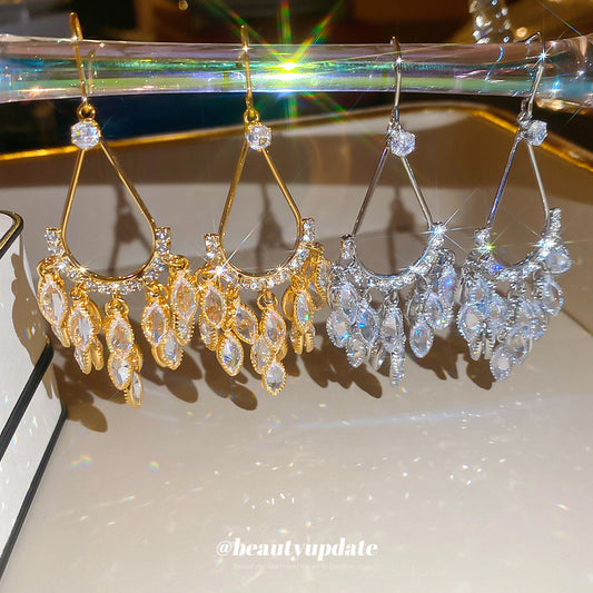 Retro French Style Teardrop-Shaped Zircon-Inlaid Gold-Plated Copper Earrings with Tassel for Women