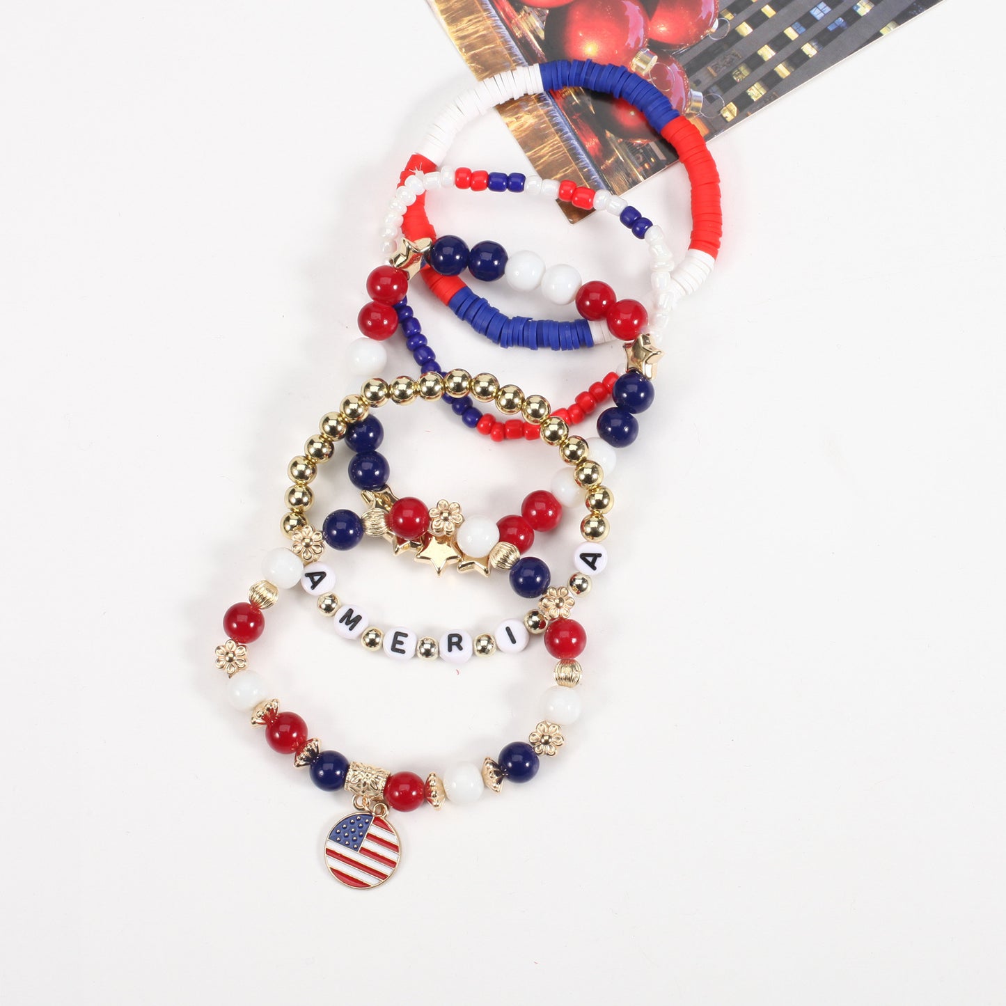 Unisex Red White Blue Resin Crystal Beaded Bracelet with Floral Pattern