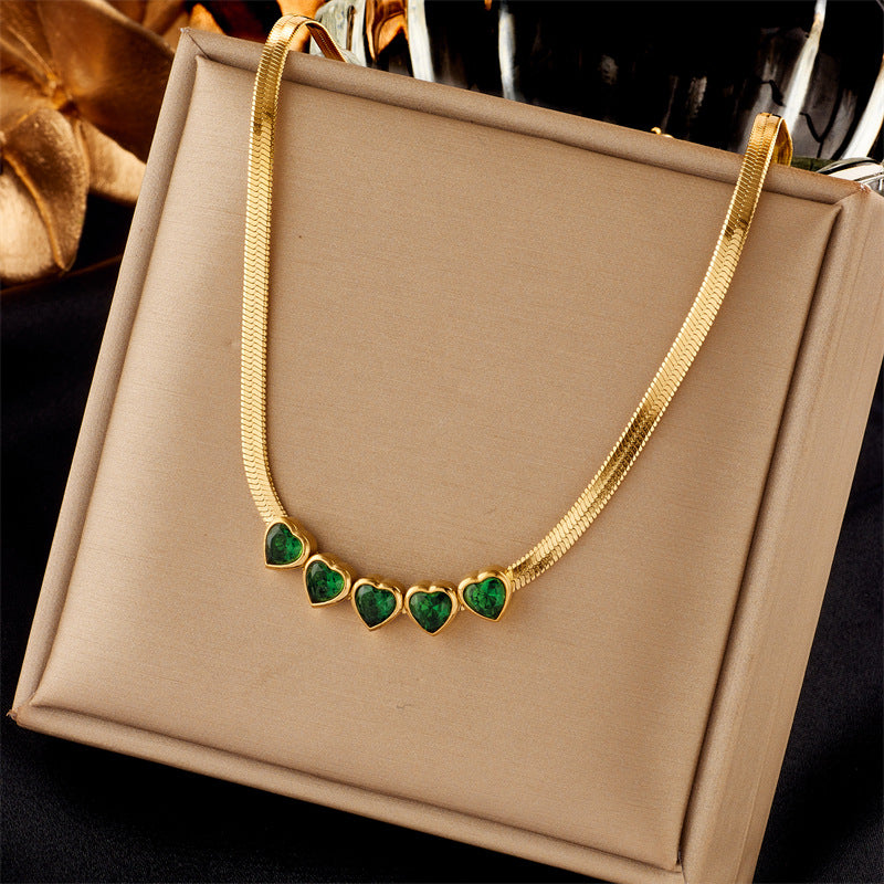 Minimalist Luxe Titanium Steel Heart-Shaped Pendant Necklace and Bracelet Set with Rhinestone Inlay and Snake Chain