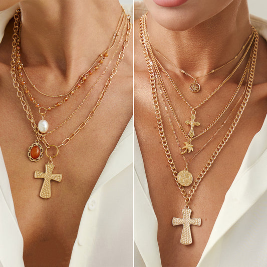 Collana con Pendente a Croce Albero di Cocco Geometrico d'Ispirazione Vintage da Donna con Lega Galvanizzata e Catena a Croce Piatta