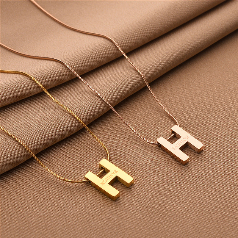 Minimalist Letter H Pendant Necklace in Titanium Steel with Plated Finish for Women