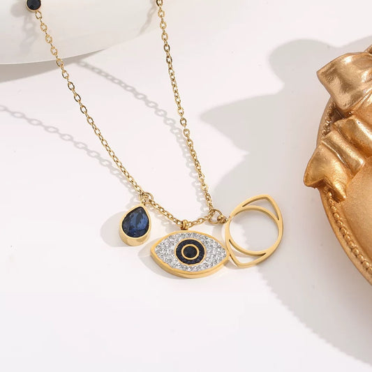 Gold Plated Crystal Evil Eye Titanium Steel Necklace for Women