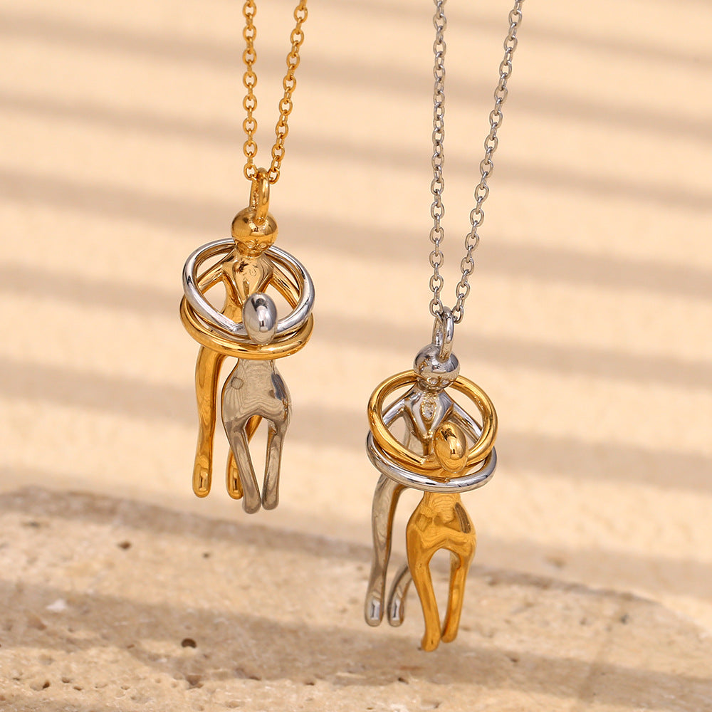 Collana Pendente Geometrica Minimalista alla Moda da Donna in Acciaio Inossidabile 316L con Placcatura in Oro 18K Design Abbraccio Amante