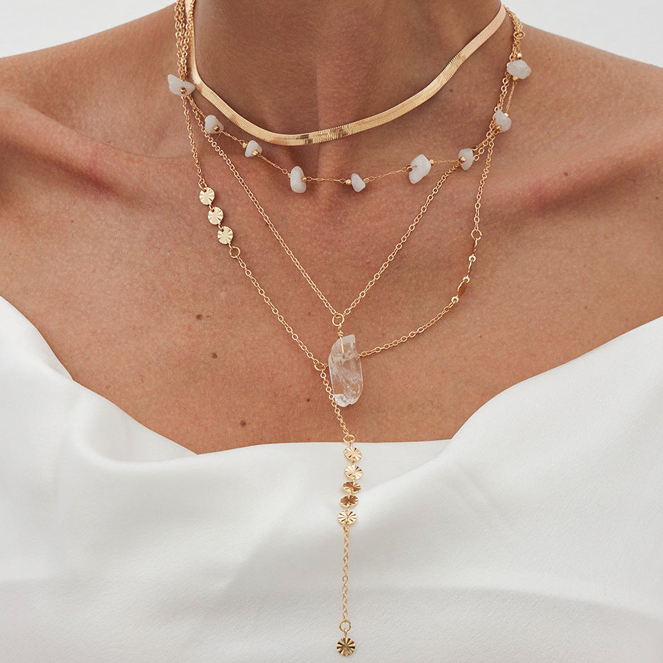 Bohemian Vintage Geometric Round Crystal Plated Brass Multi-layer Snake Chain Necklace for Women