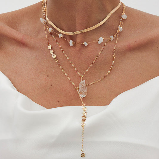 Bohemian Vintage Geometric Round Crystal Plated Brass Multi-layer Snake Chain Necklace for Women