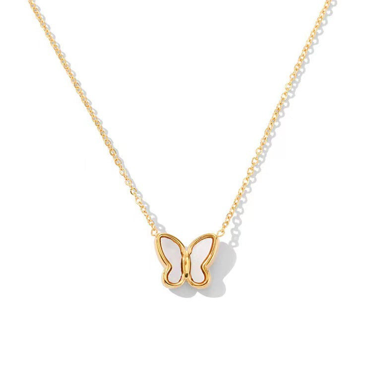 Minimalist Butterfly Pendant Necklace in Titanium Steel with 18K Gold Plating, White Mother-of-Pearl Inlay, O-Chain, Adjustable Length
