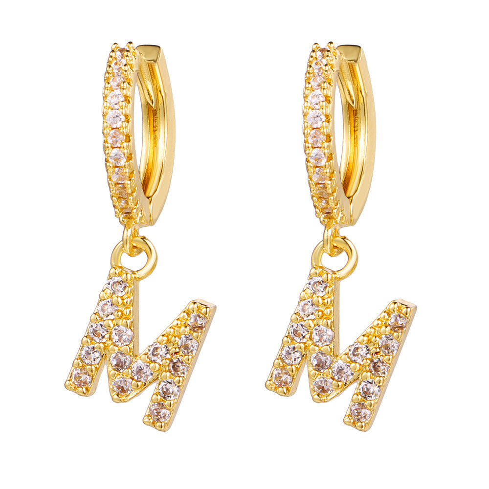Elegant Gold Plated Letter Cubic Zirconia Inlay Brass Earrings