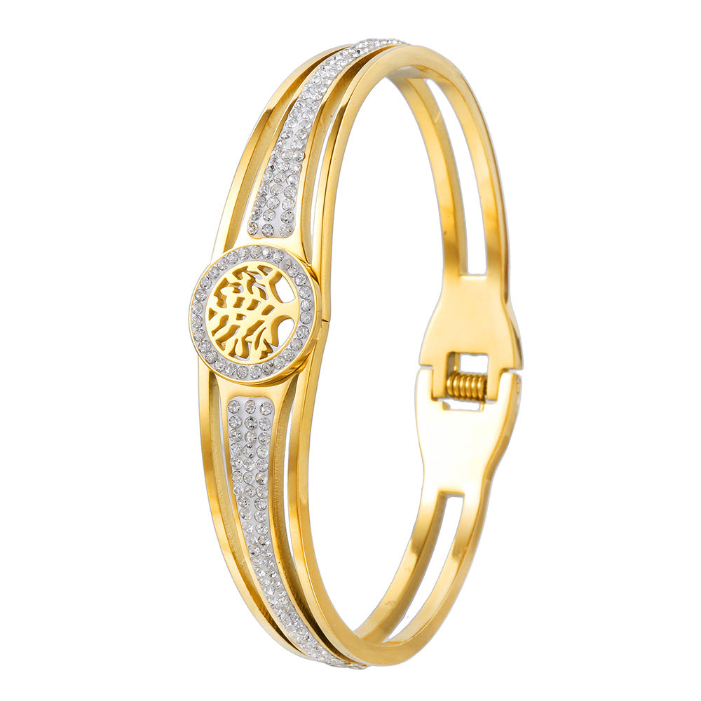 Hollow Geometric Floral Cubic Zirconia Inlay Plated Stainless Steel Tree of Life Bracelet