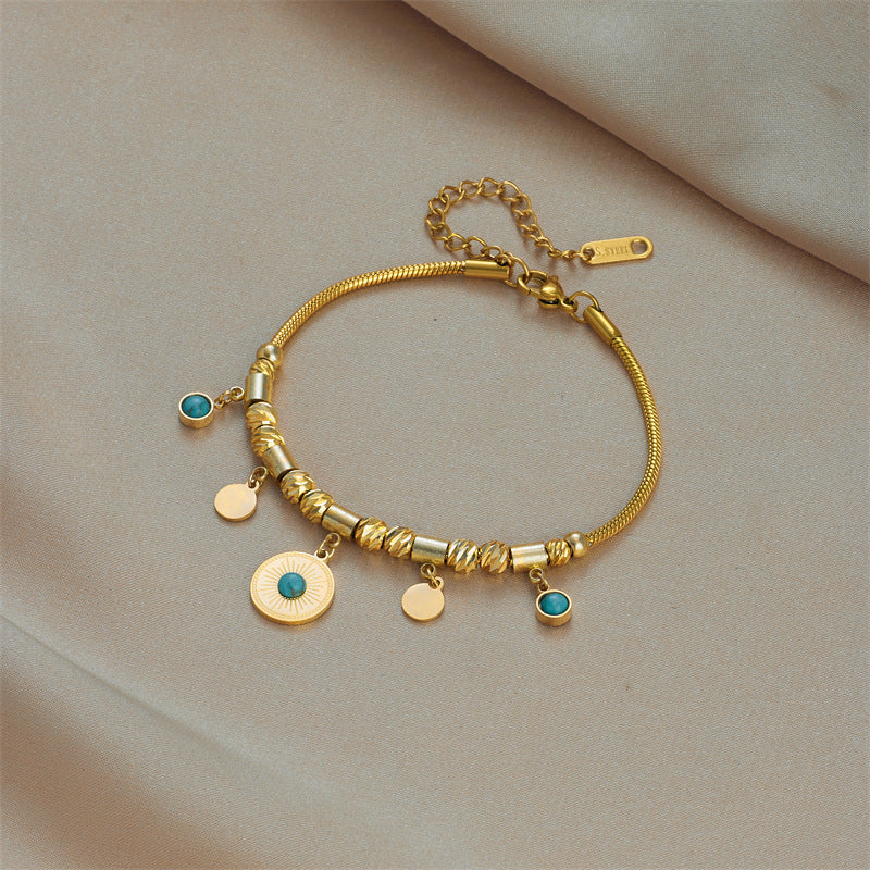 Pulsera geométrica de lujo minimalista vintage de acero de titanio con colgante redondo de turquesa para mujer, diseño inspirado hecho a mano para uso elegante en la oficina