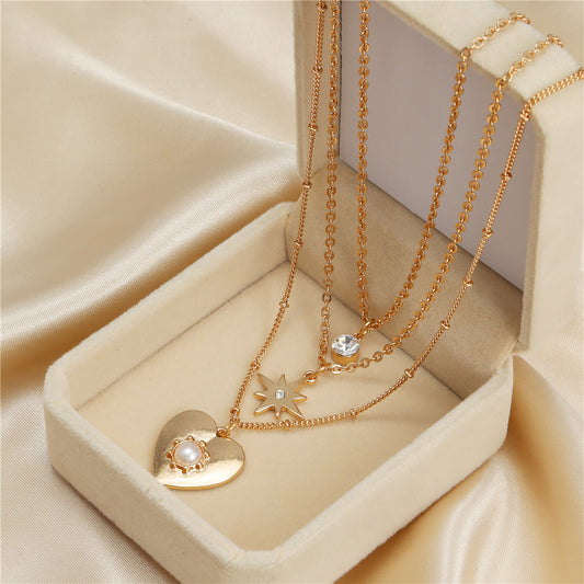 Fashion Gold Plated Alloy Multi-Layer Snake Chain Necklace with Heart and Star Pendants for Women
