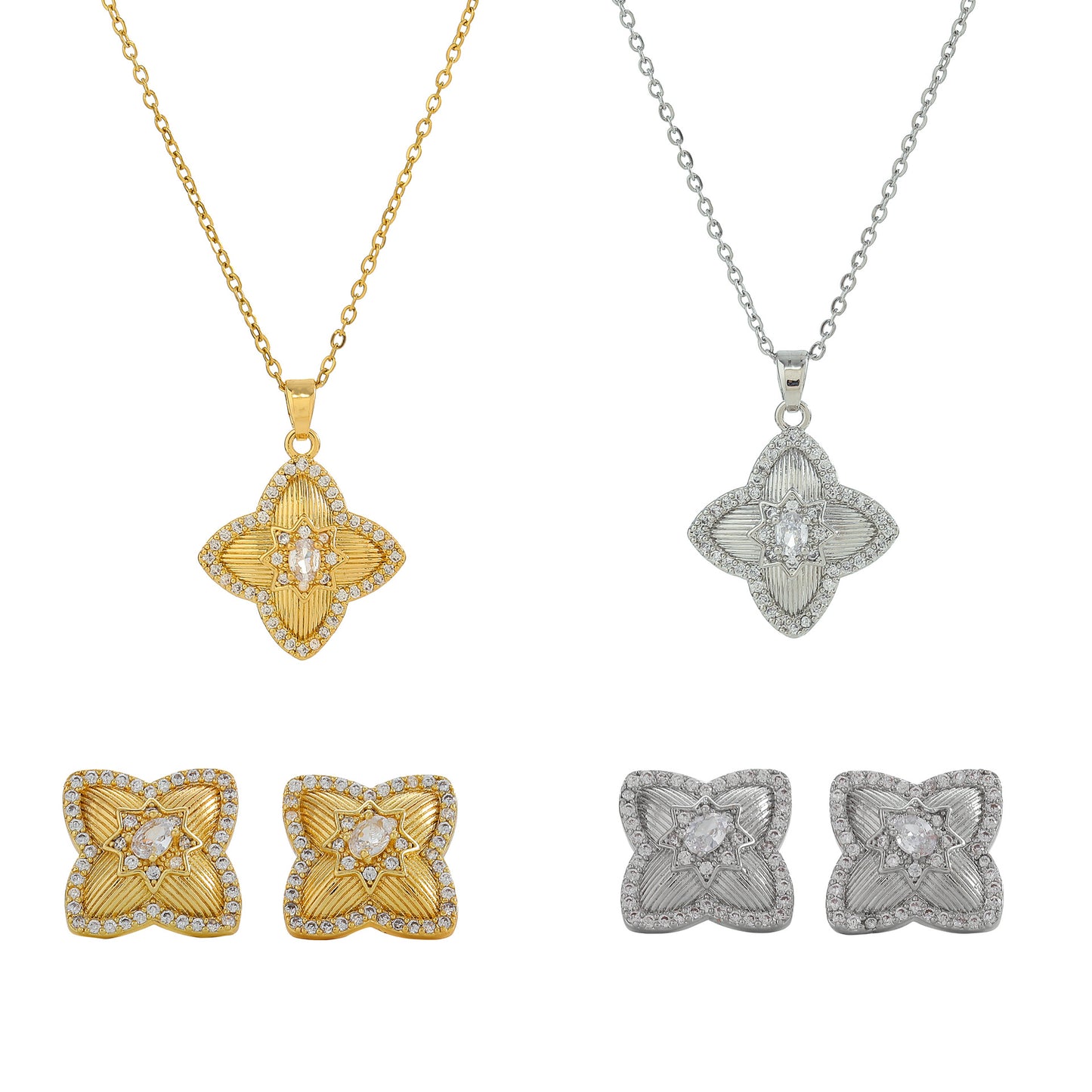 Minimalist Geometric Four-Sided Clover Pendant Necklace for Women in Titanium Steel with Rhinestone Inlay and Plated Finish