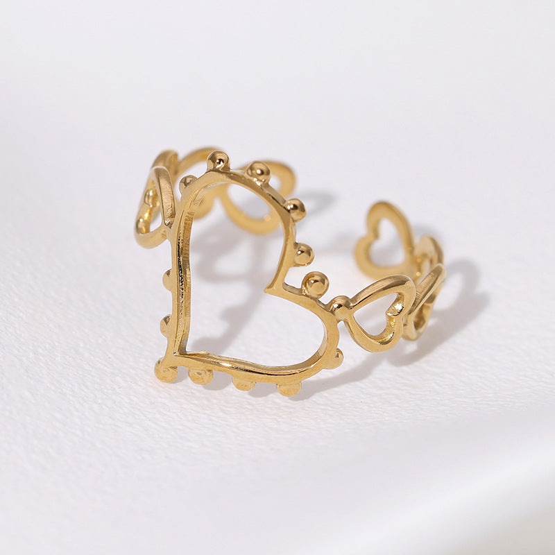 Minimalist Heart-Shaped Stainless Steel Ring with Hollow-Out Design and 18K Gold Plating for Women