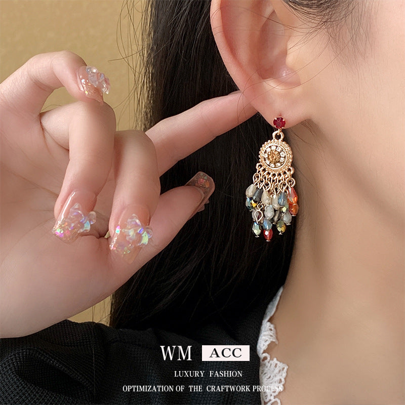 Ethnic Vintage Style Geometric Crystal Floral Tassel Earrings with Stainless Steel Posts for Women
