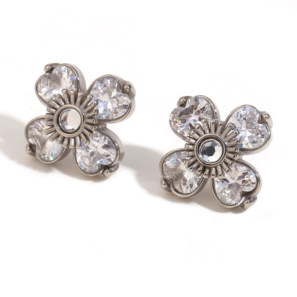 Fashionable Floral Frame Circle Pearl Stud Earrings for Women in Stainless Steel with 18K Gold Plating