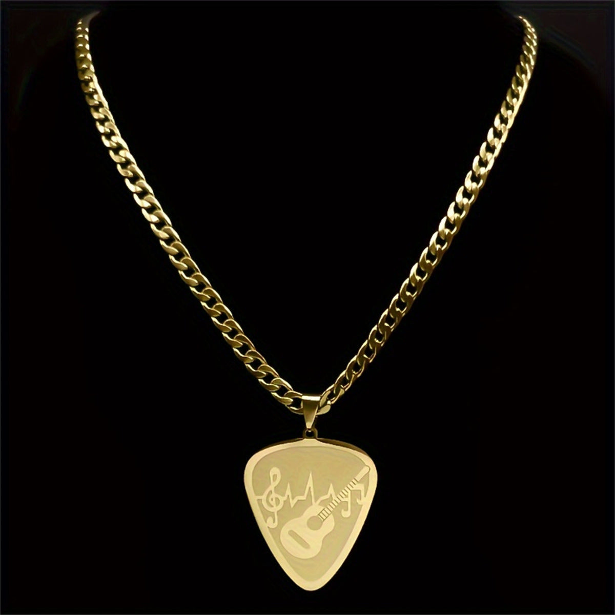 Edgy Geometric Guitar and Bass Note Pendant Necklace for Music Lovers in Stainless Steel with Titanium Steel Pendant and Plated Finish