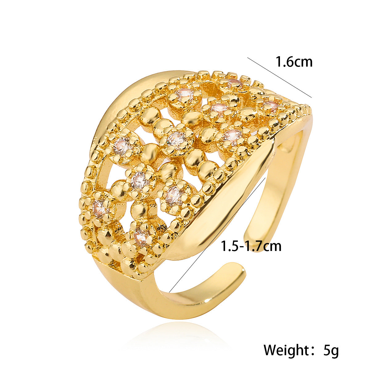 Minimalist Geometric Open Ring for Women in Brass with Real Gold Plating and Micro-Paved Zirconia