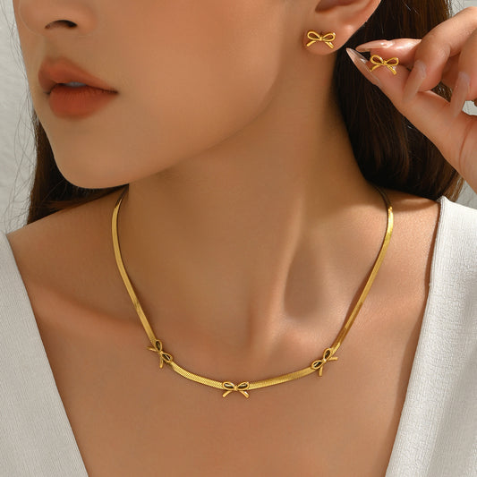 Minimalist 18K Gold Plated Stainless Steel Bow Necklace and Earring Set for Women
