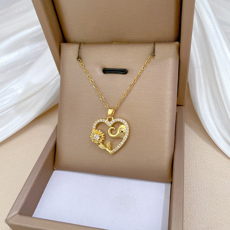 Collana pendente a forma di elefante girasole minimalista da donna e da uomo con catena a serpente in acciaio inossidabile e intarsio di strass