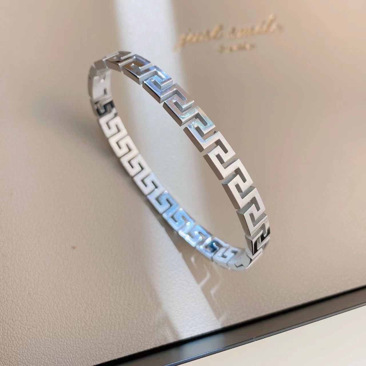 Minimalist Greek Key Pattern Titanium Steel Bracelet with Electroplated Finish for Women