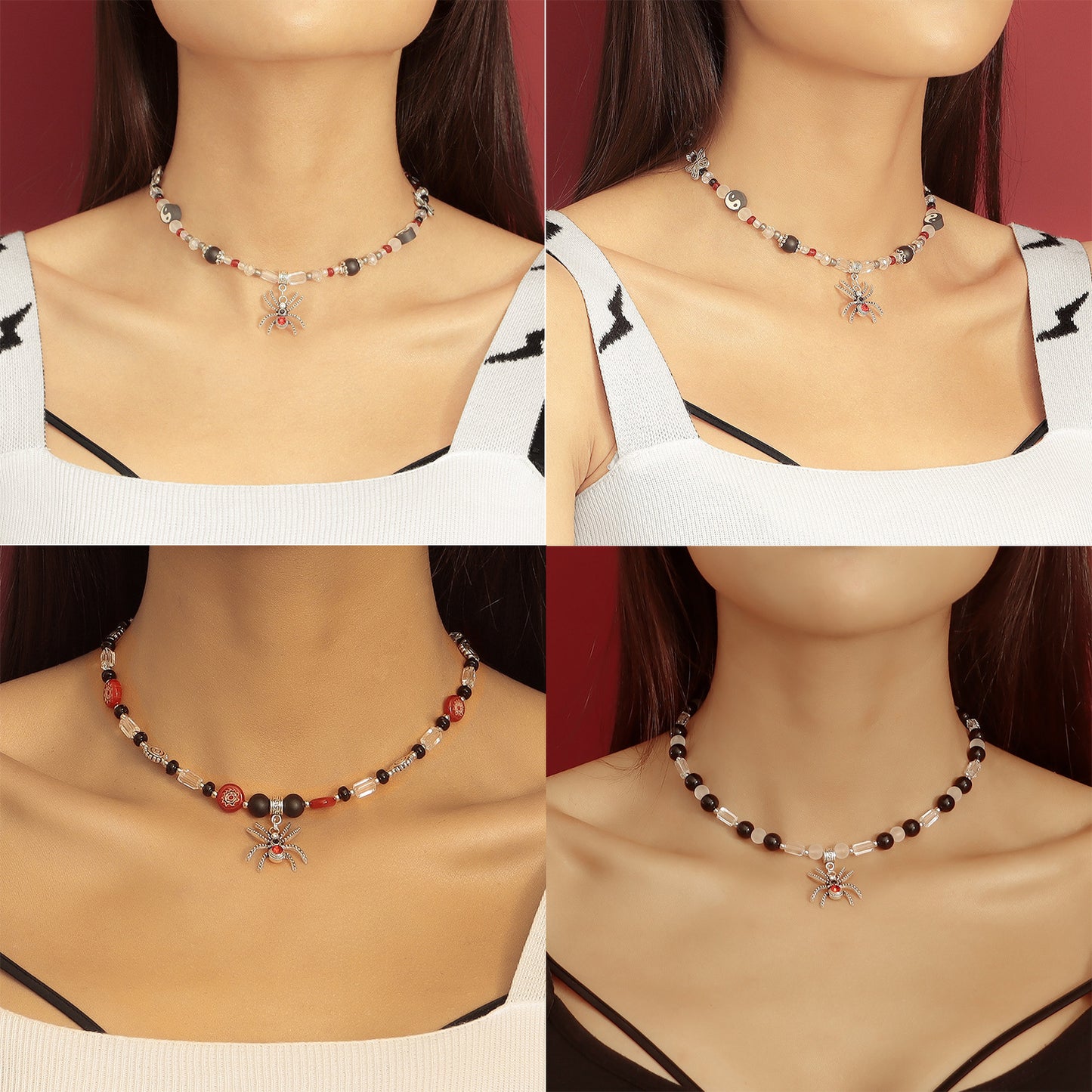 Minimalist Black and White Spider Pendant Necklace for Women with Rhinestone Inlay and Gold Plated Alloy