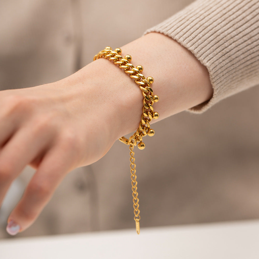 Trendy Geometric Tassel Bracelet 18K Gold Plated Stainless Steel Cuban Chain Beaded Design for Women
