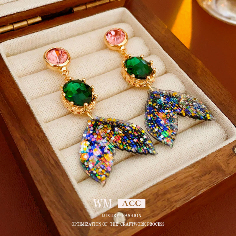 Vintage-Style Fish Tail Earrings with Rhinestone Inlay in Alloy with Plated Steel Posts for Women