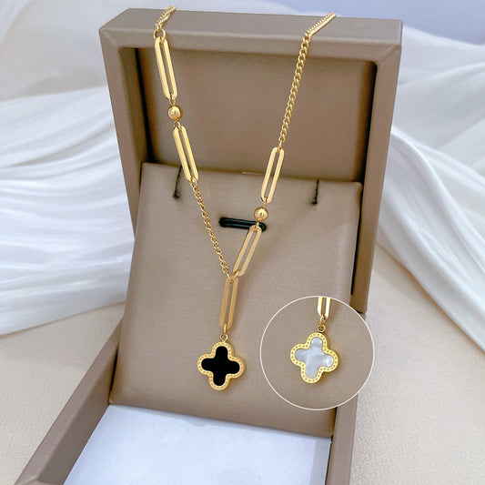 Collar Cadena Minimalista de Acero Titanio Geométrico Trébol de la Suerte Unisex