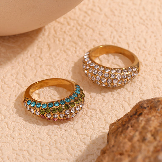 Anillo de acero inoxidable geométrico vintage con baño de oro de 18 quilates y superficie curva irregular para mujer