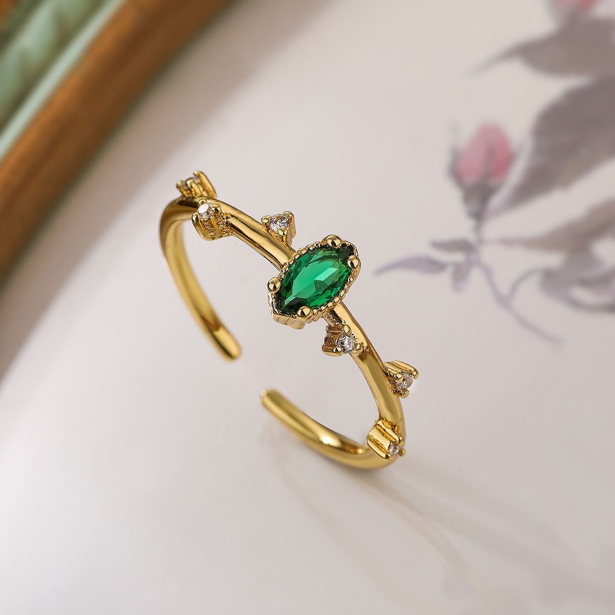 Minimalist Geometric Open-Ended Ring for Women in Copper with 18K Gold Plating and Zircon Inlay