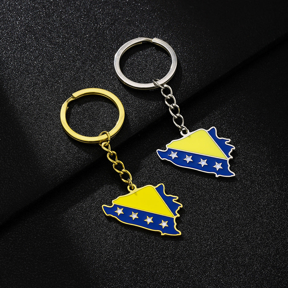 Llavero de Acero Inoxidable Esmaltado con la Bandera de Bosnia y Herzegovina con Forma de Mapa Geométrico