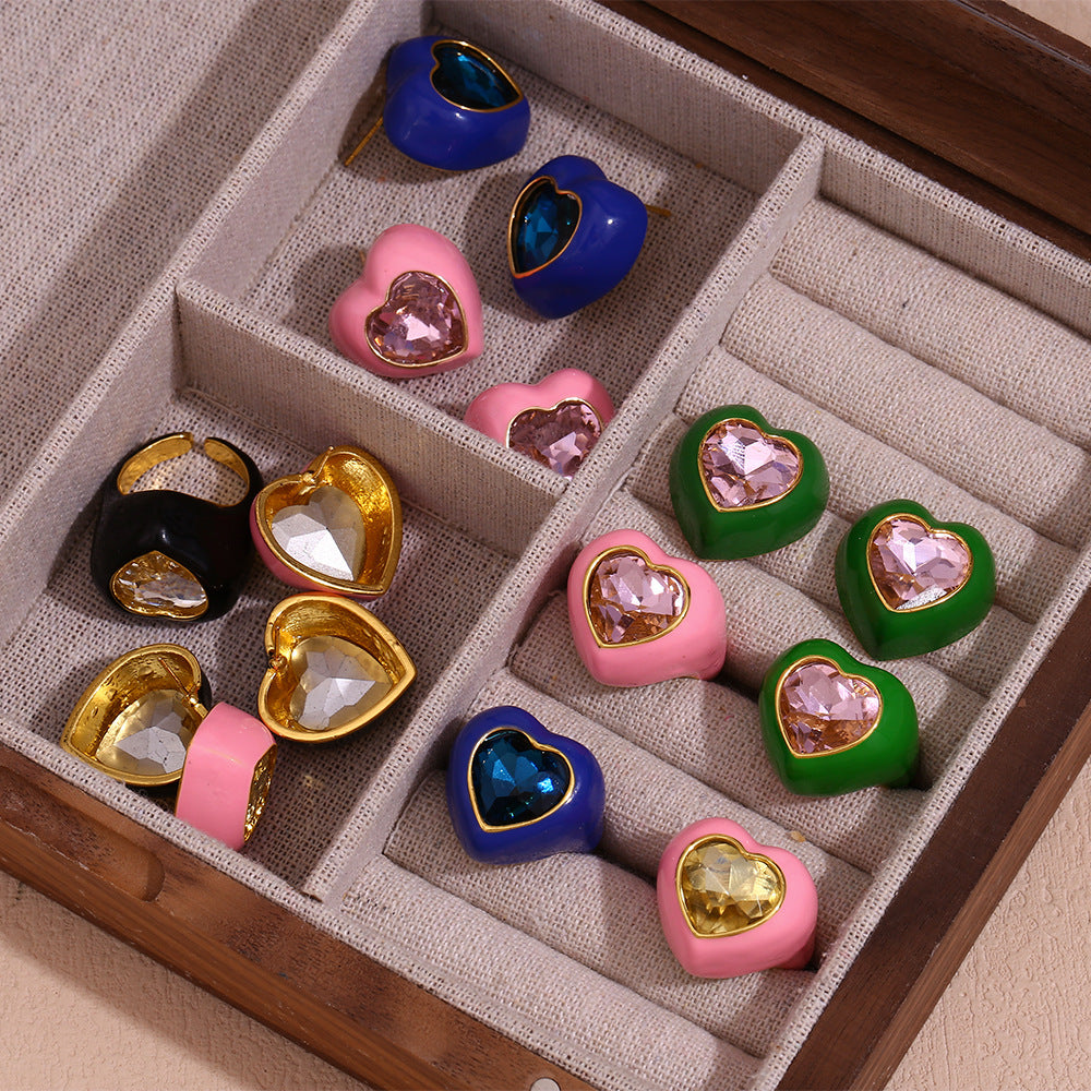 Fashionable Heart-Shaped Stainless Steel Earrings with 18K Gold Plating and Enamel Finish for Women