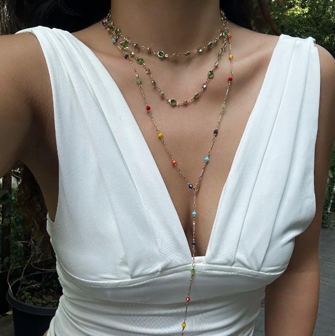 Collana a Y con Ciondolo in Lega e Intarsio di Cristallo Geometrico Minimalista in Ottone per Donne