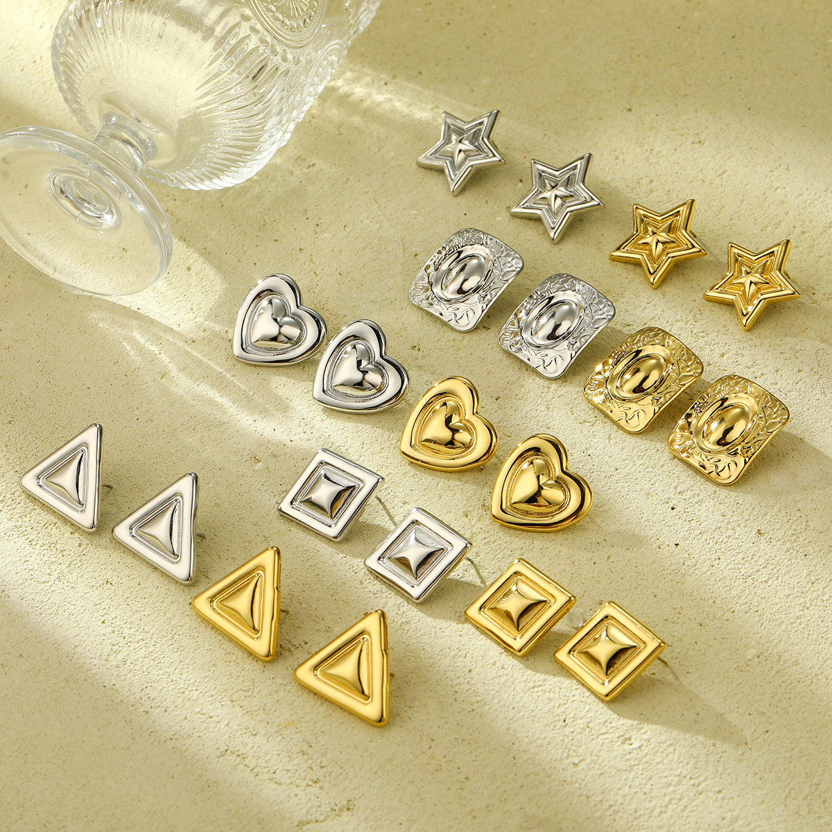 Pendientes de acero inoxidable de moda con forma geométrica de corazón y cuadrado, con acabado chapado, para mujer