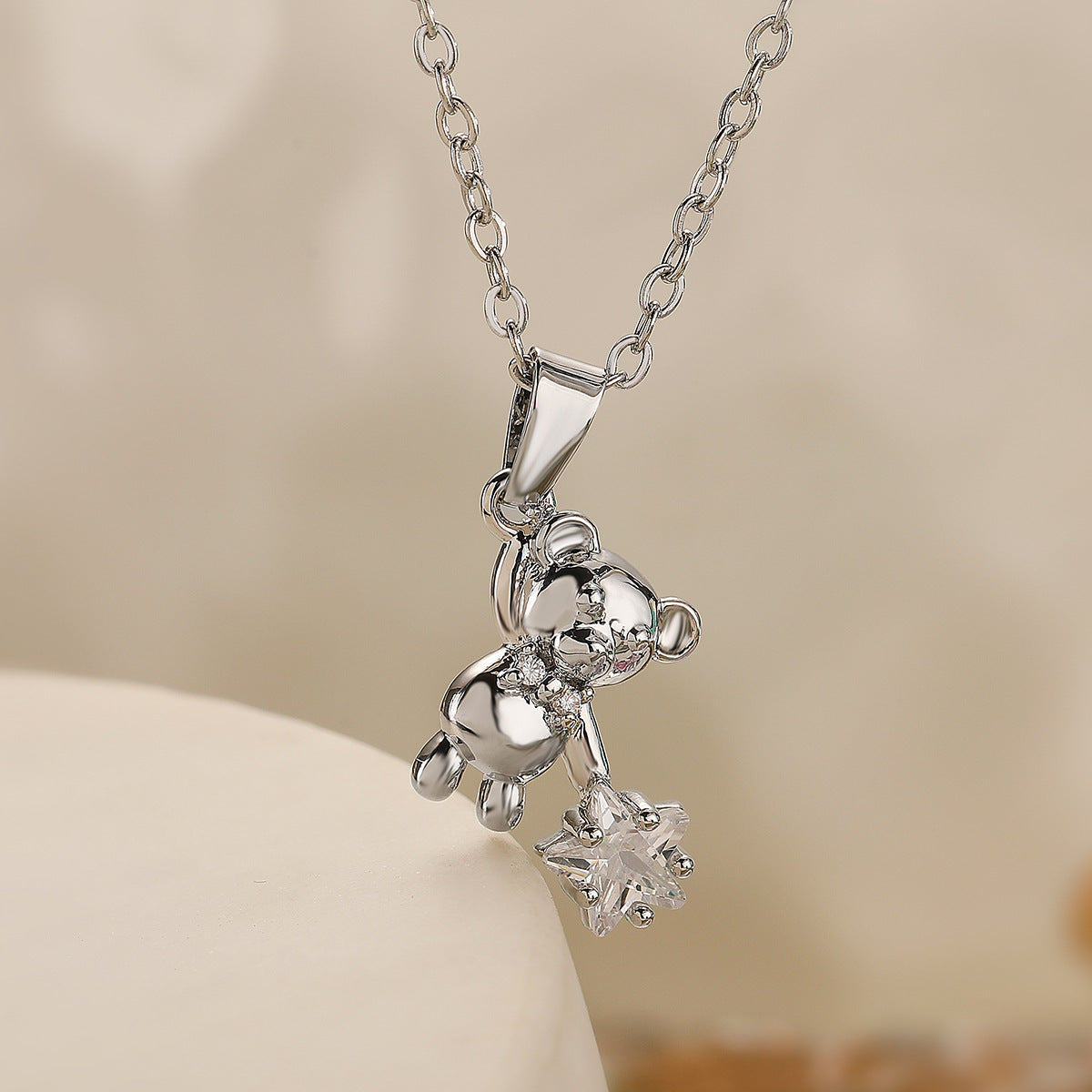 Minimalist Bear-Shaped Copper Pendant Necklace with Real Gold Plating and Zircon Accents for Women