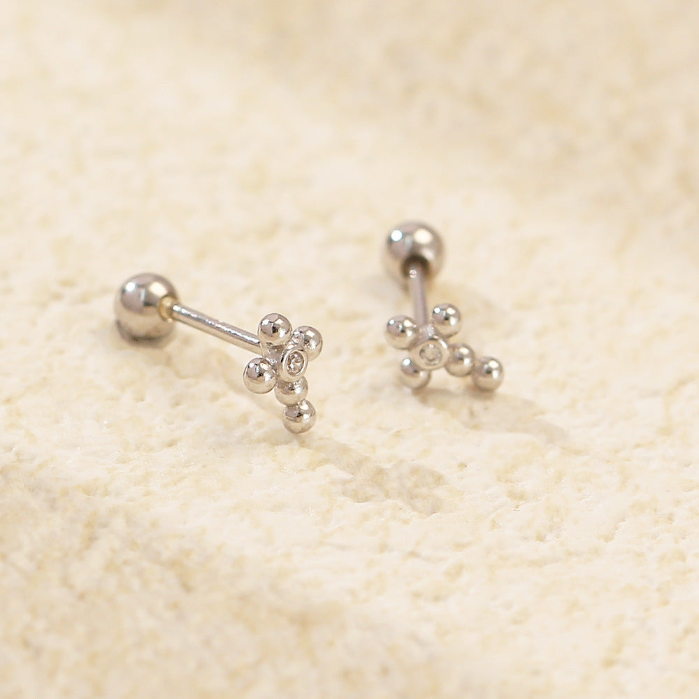 Sweet Punk 925 Sterling Silver Cross Plated Rhinestone Threaded Stud Earrings