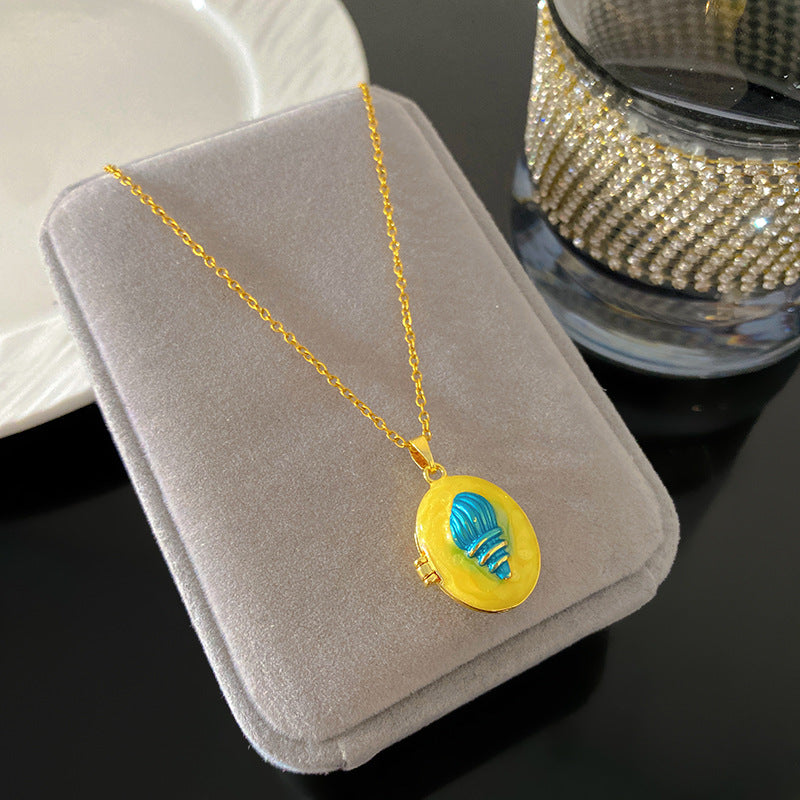 Vintage Enamel Drip Oil Oval Heart Brass Pendant Titanium Steel Necklace Cable Chain