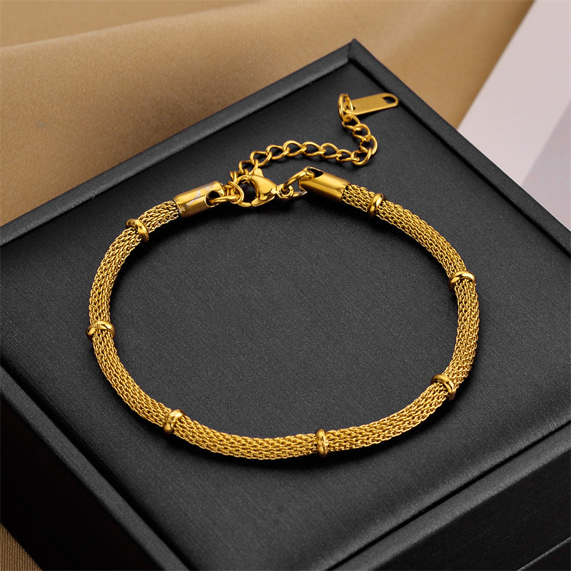 Conjunto Minimalista de Collar y Pulsera de Bambú en Acero de Titanio con Acabado Chapado sobre Cadena Redonda de Malla