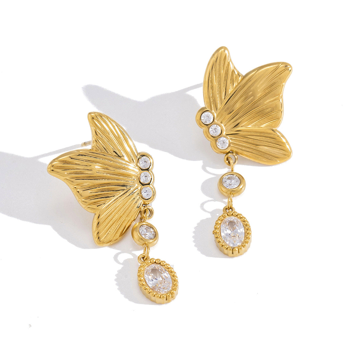 Minimalist Elegant Butterfly Cubic Zirconia Inlay PVD Stainless Steel Earrings for Women