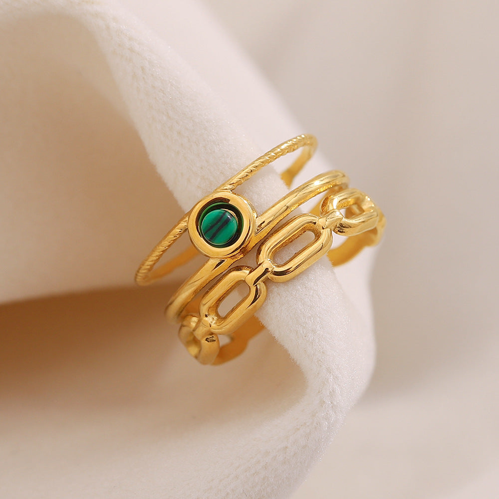 Anello da donna alla moda in acciaio inossidabile con design geometrico, placcatura in oro 18 carati e inserti in malachite
