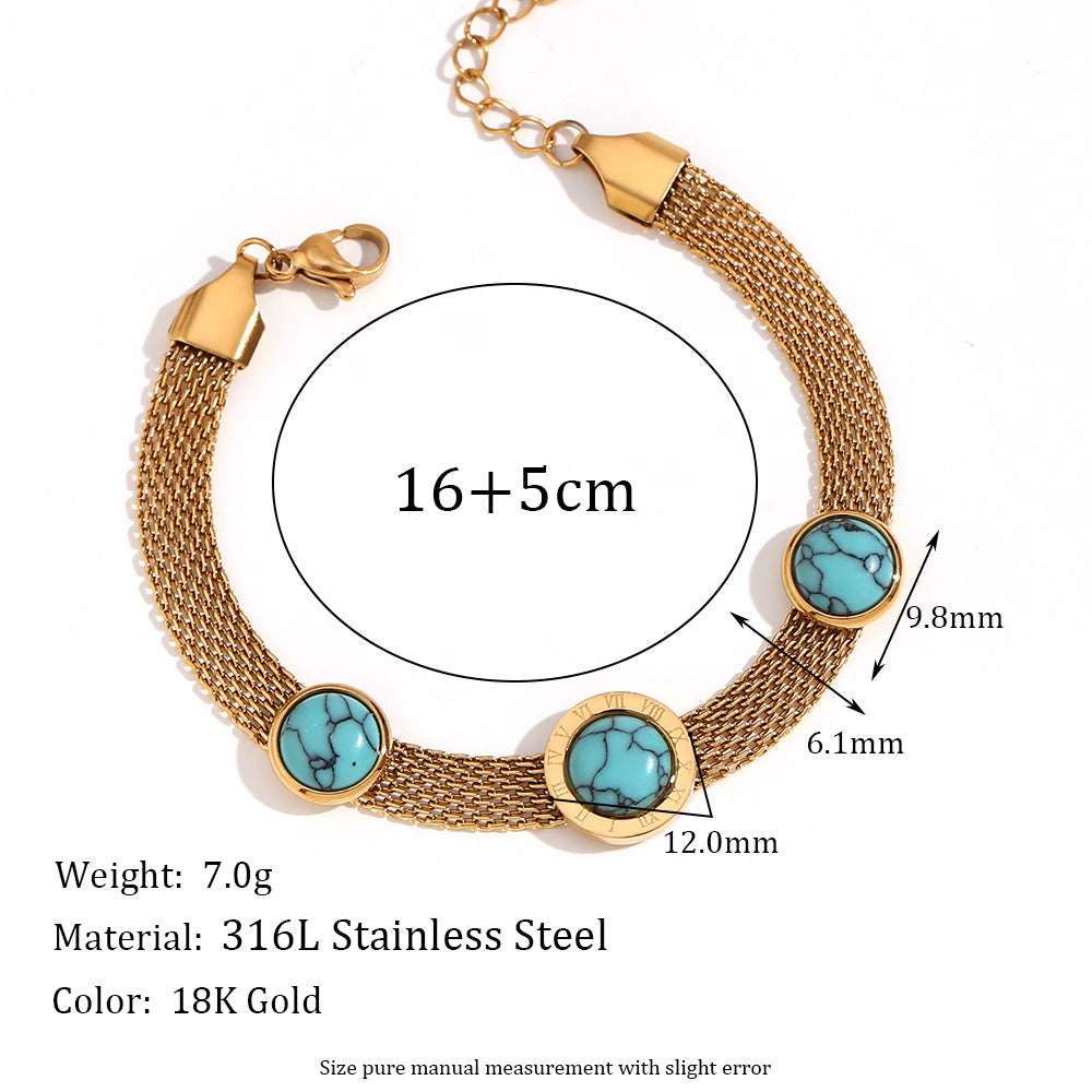 Bracciale da donna in acciaio inossidabile placcato oro 18 carati con occhio di Allah, design geometrico vintage e intarsi in pietra naturale