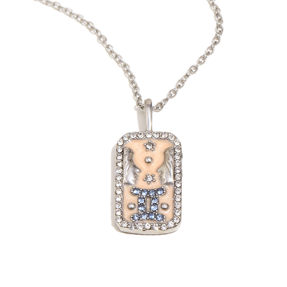 Collana con Pendente Minimalista Costellazione Zodiacale da Donna in Acciaio Inossidabile con Placcatura in Oro 18K e Intarsi in Smalto Dettagli in Strass Completi