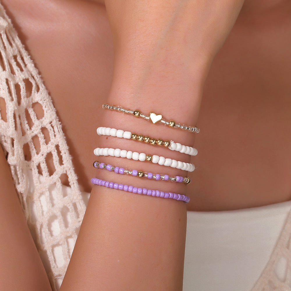 Bracciale Bohémien Multistrato con Cuore e Perline in Lega, su Cordino Elastico, da Donna