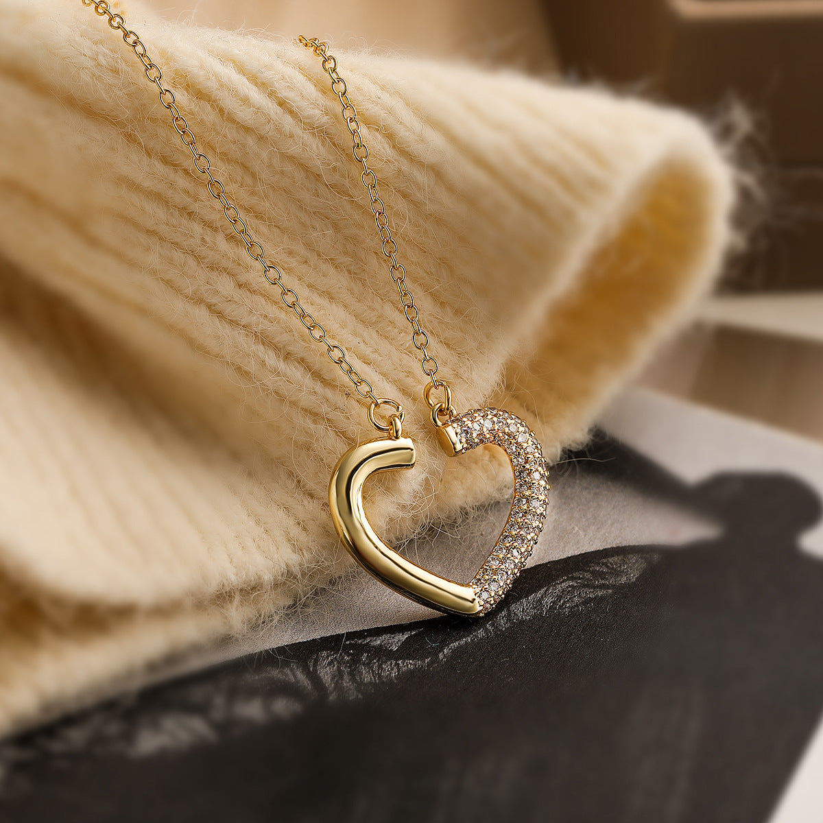 Minimalist Open Heart Pendant Necklace for Women Made of Brass with Real Gold Plating and Cubic Zirconia
