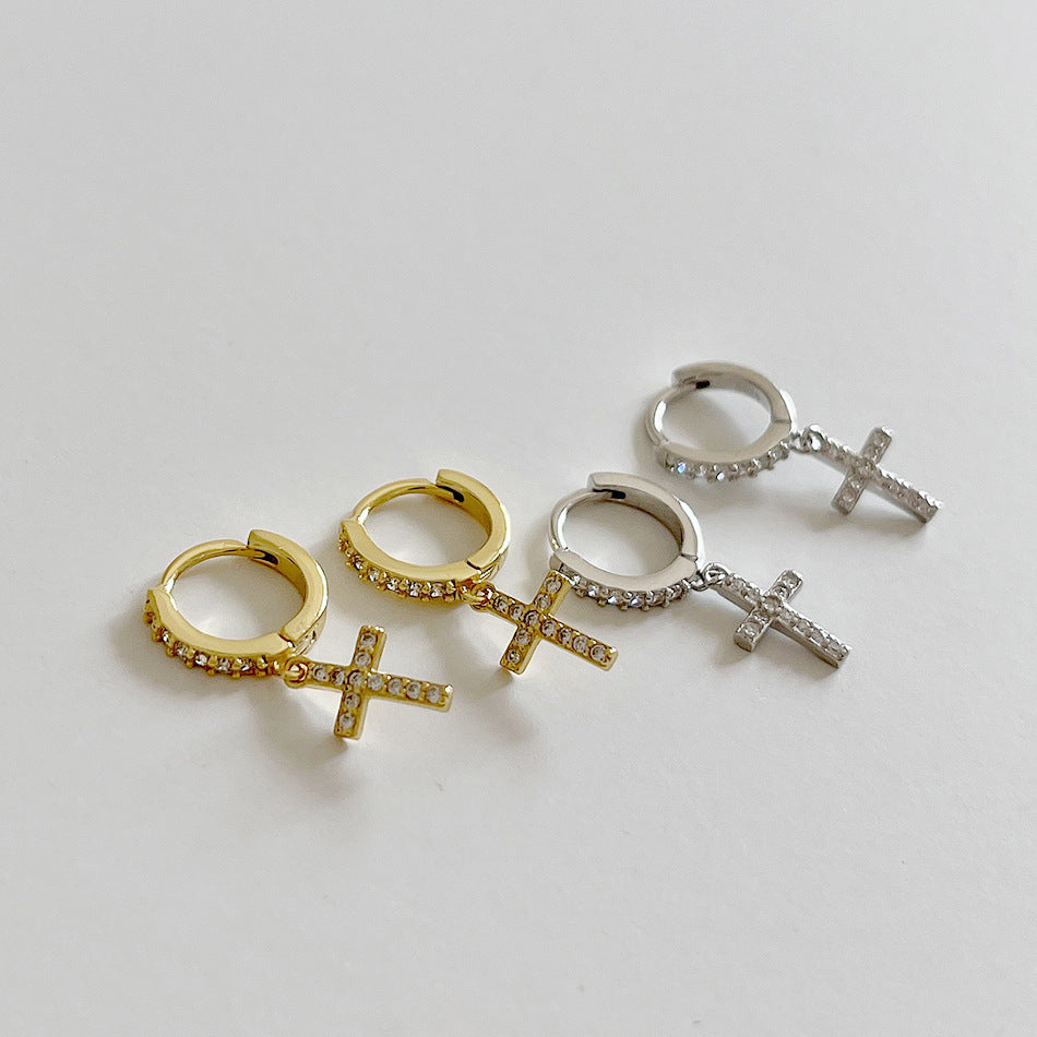 Dulces aretes de aro minimalistas con cruz de plata de ley 925 chapados en diamantes de imitación para mujer