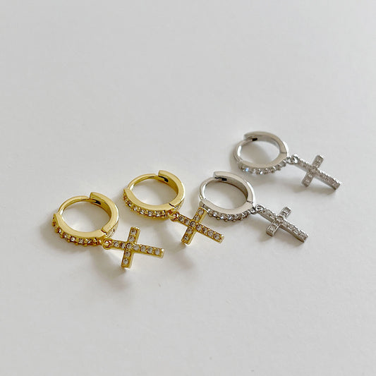 Orecchini a cerchio da donna con strass a croce in argento sterling 925, minimalisti e graziosi