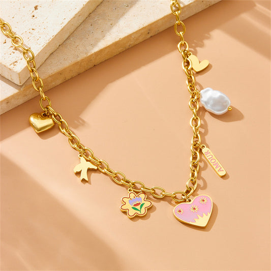 Elegant Cartoon Heart Drip Oil Plated Stainless Steel Necklace with Pearl and Floral Pendant for Women