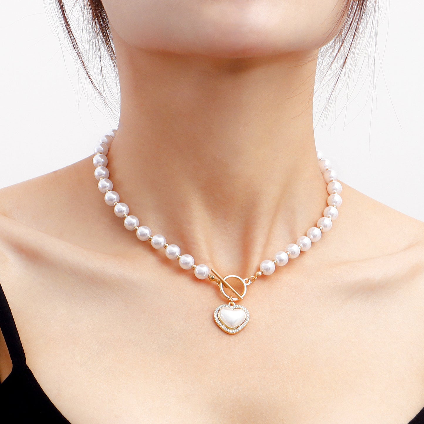 Sweet Acrylic and Pearl Beaded Necklace with Heart Pendant on Pearl Chain for Women
